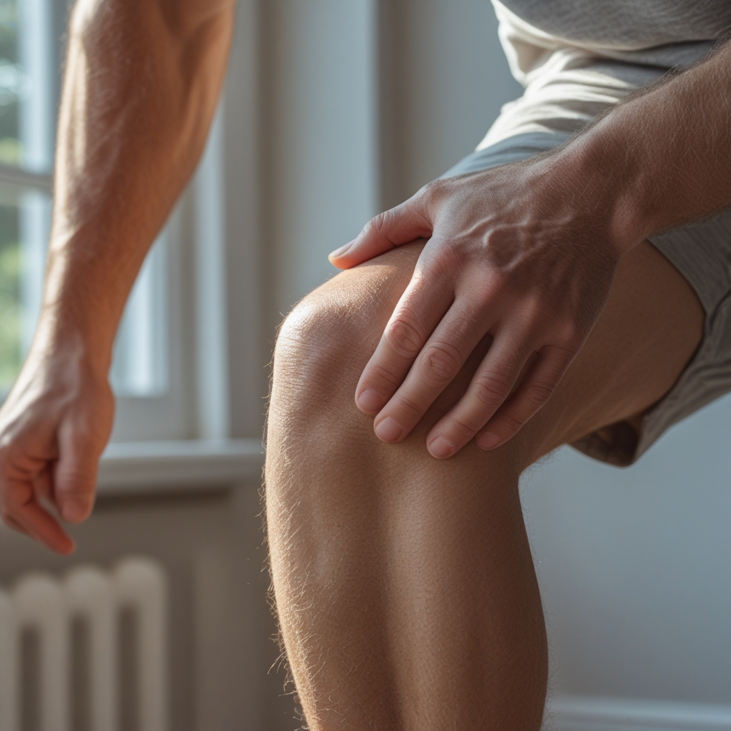 Artistic close-up photograph of a human knee joint area during a gentle stretching exercise, soft natural light from a window illuminating the skin texture, neutral background