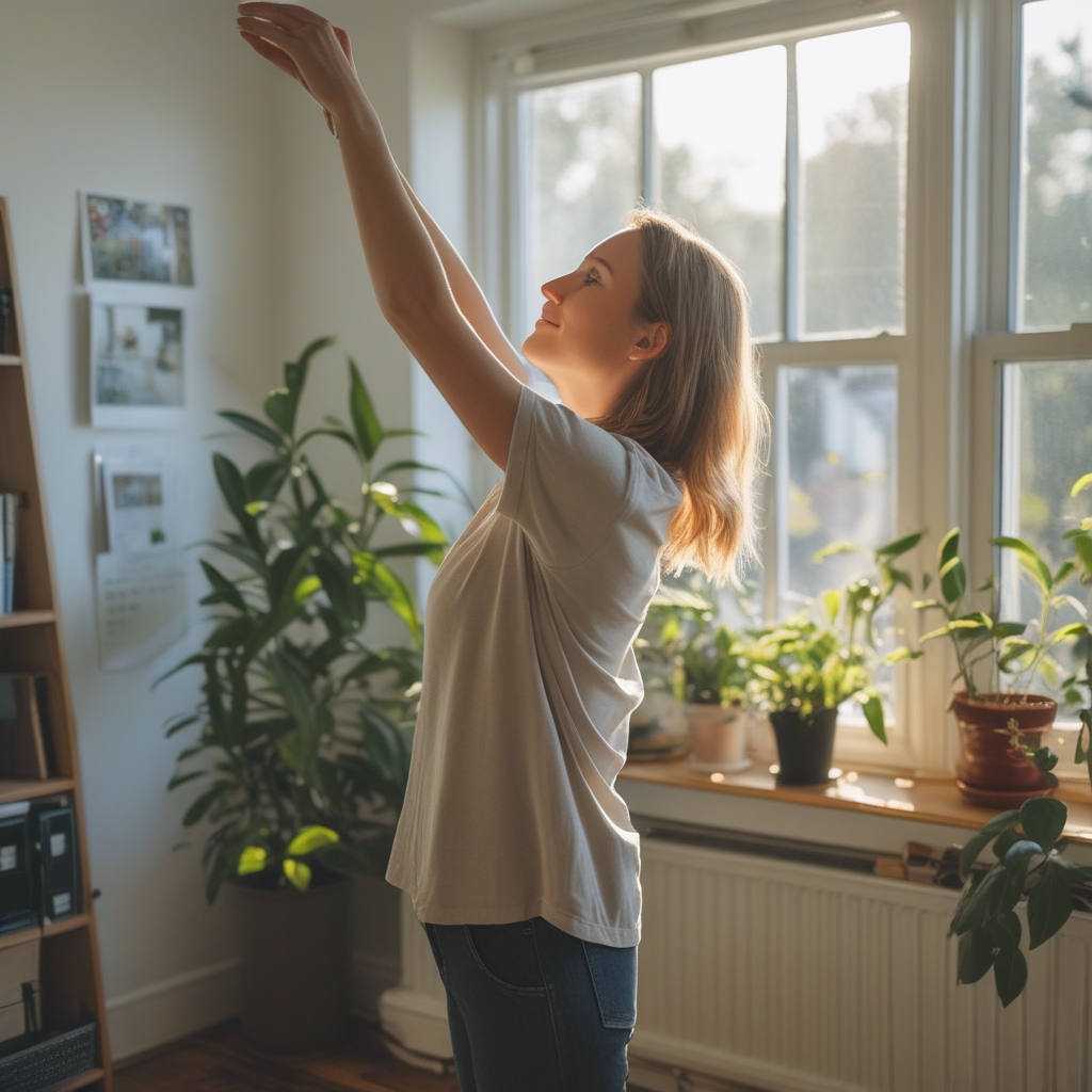 A person in their late 30s gently stretching their arms overhead while standing near a window in a sunlit home office, morning light, wooden floor and indoor plants visible, casual comfortable clothing