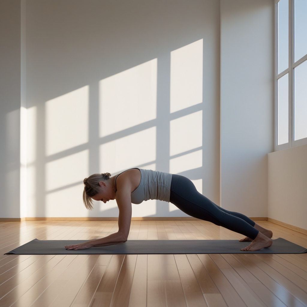 A person in their 40s performing a gentle yoga forward fold stretch on a wooden floor in a bright room with large windows, morning light casting long soft shadows, minimal interior